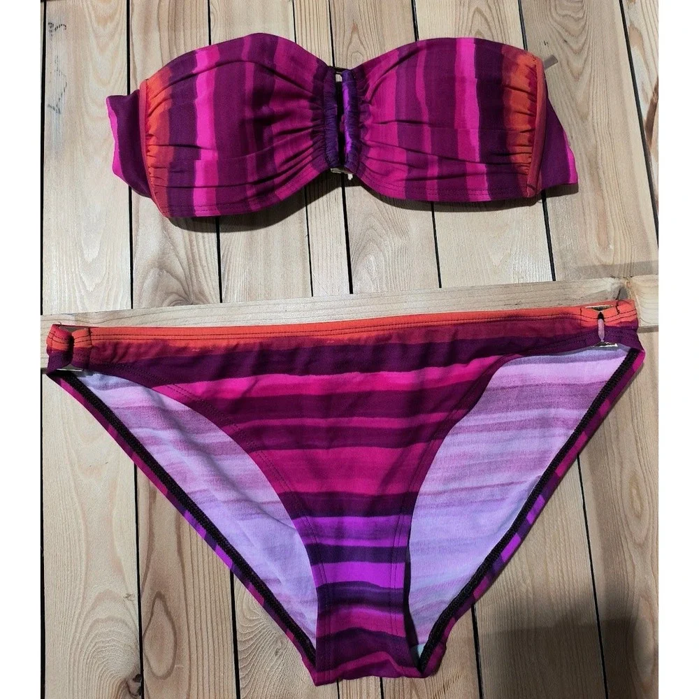 La Blanca Pink Purple Striped Bandeau Bikini Set Size 8 Gold Hardware Swimsuit‎